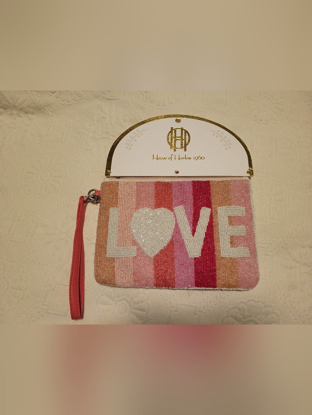 New Handed WristletHouse of Harlow 1960 Pink Multistripe Beaded LOVE Pouch
